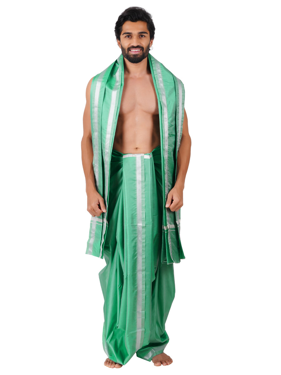 Mens Art Silk Panchakacham with Angavastram Sankaranthi Silver 50K (9+5) L.Green