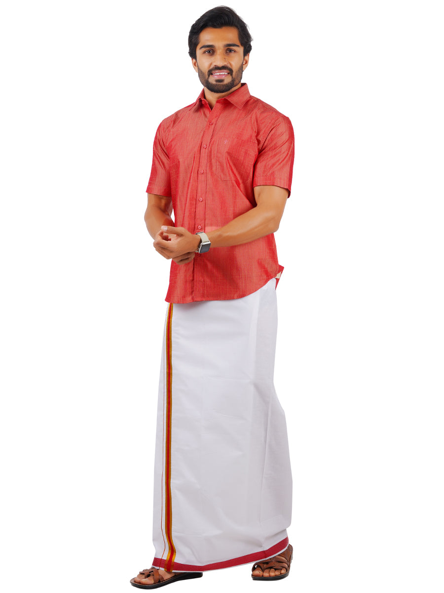 Mens Matching Jari Border Dhoti & Shirt Set Half Pink VB1-Side view
