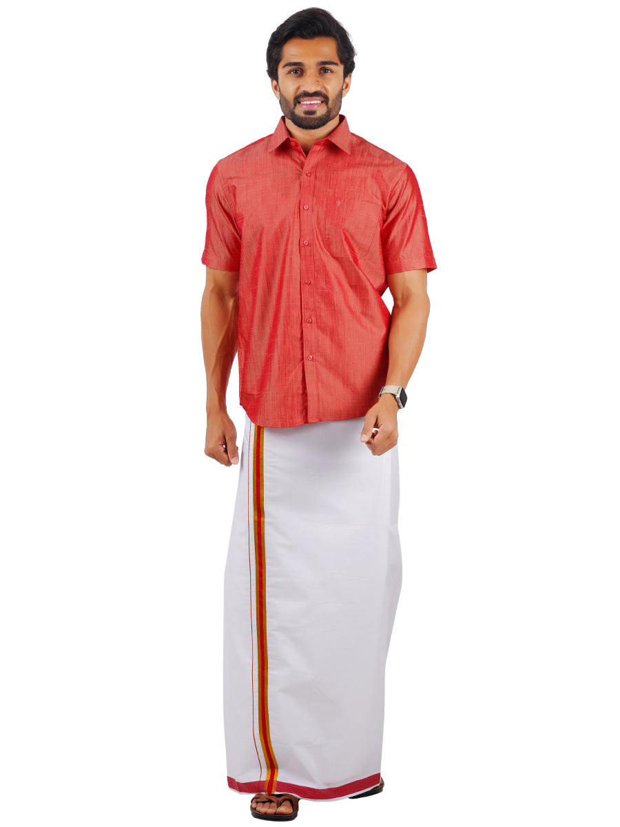 Mens Matching Jari Border Dhoti & Shirt Set Half Pink VB1