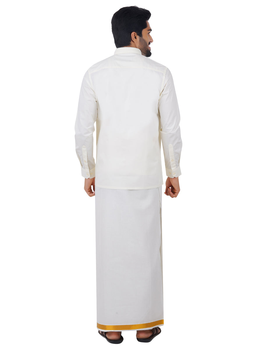 Mens Cream Cotton Gold Jari 1" Double Dhoti with Full Sleeves Shirt Combo-Back view