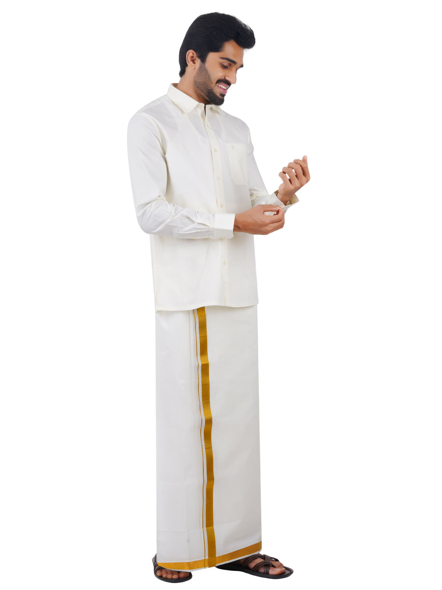 Mens Cream Cotton Gold Jari 1" Double Dhoti with Full Sleeves Shirt Combo-Side view