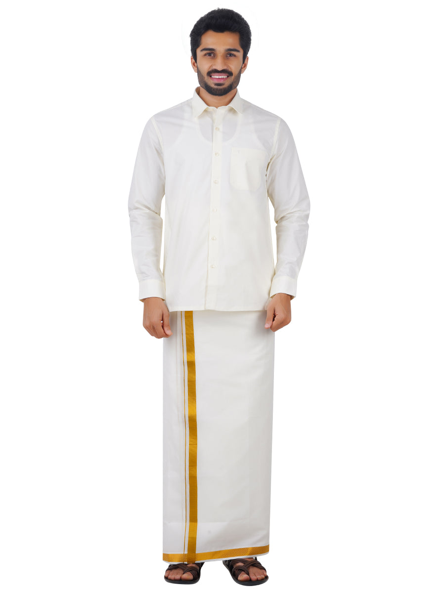 Mens Cotton Gold Jari 1" Double Dhoti with Full Sleeves Cream Shirt Combo