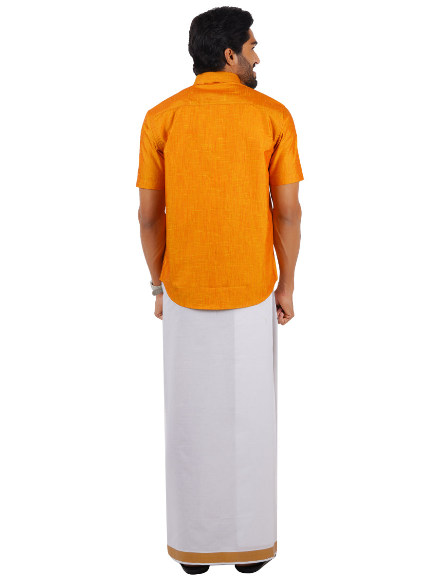 Mens Matching Jari Border Dhoti & Shirt Set Half Yellow VB2-Back view