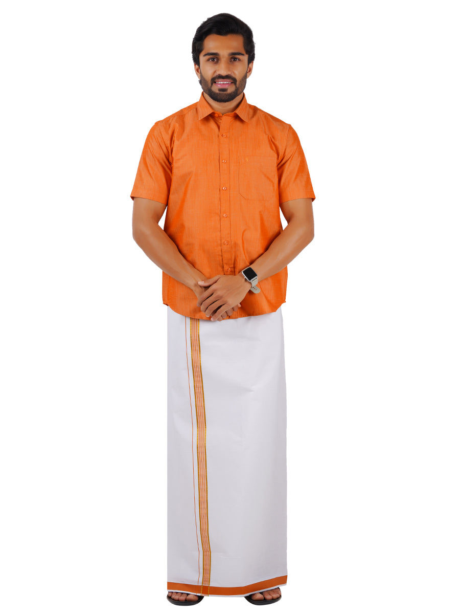 Mens Matching Jari Border Dhoti & Shirt Set Half Orange VB4