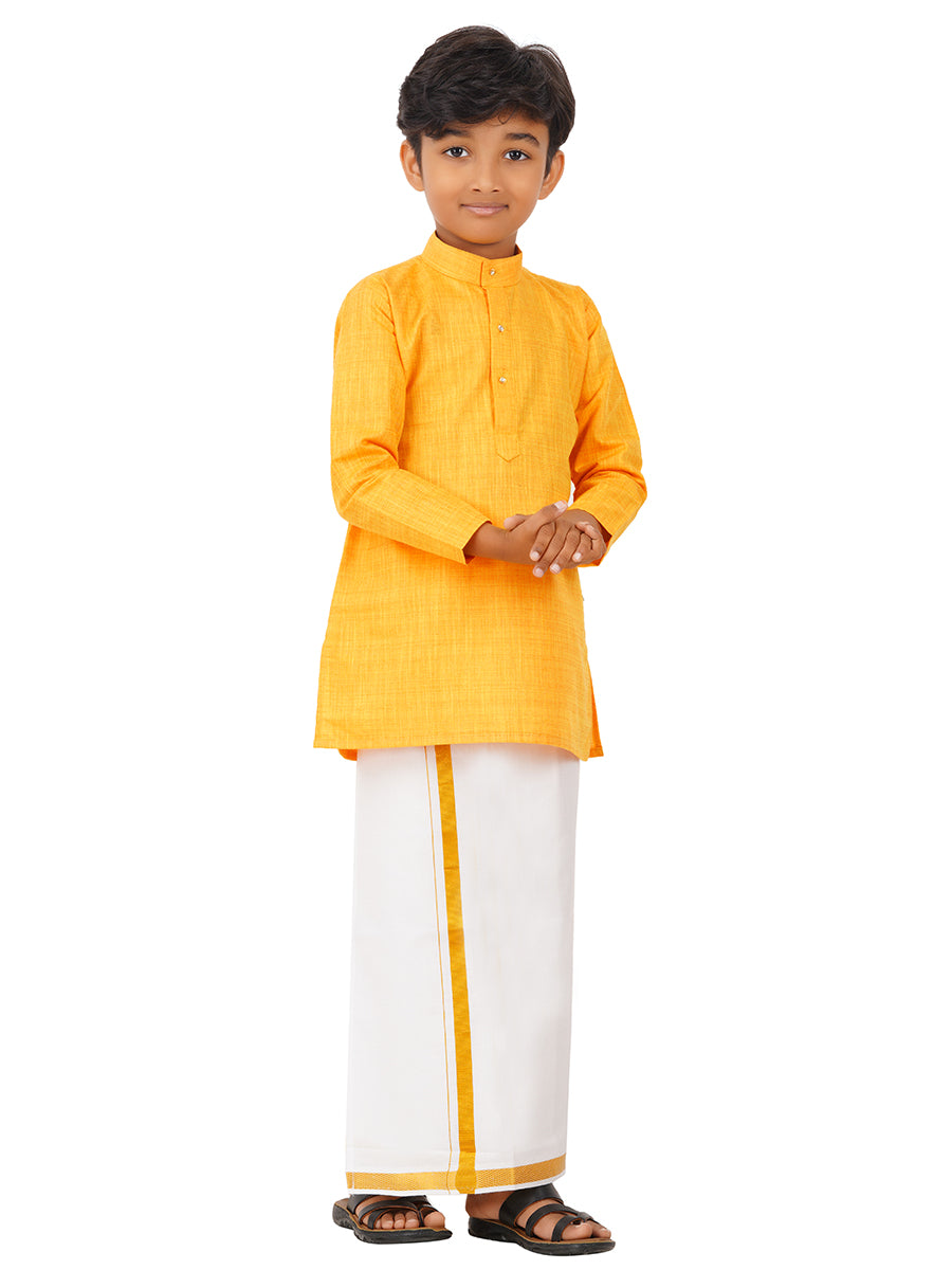 Boys Fantastic Kurta & White Dhoti Set Yellow FS1-Front view