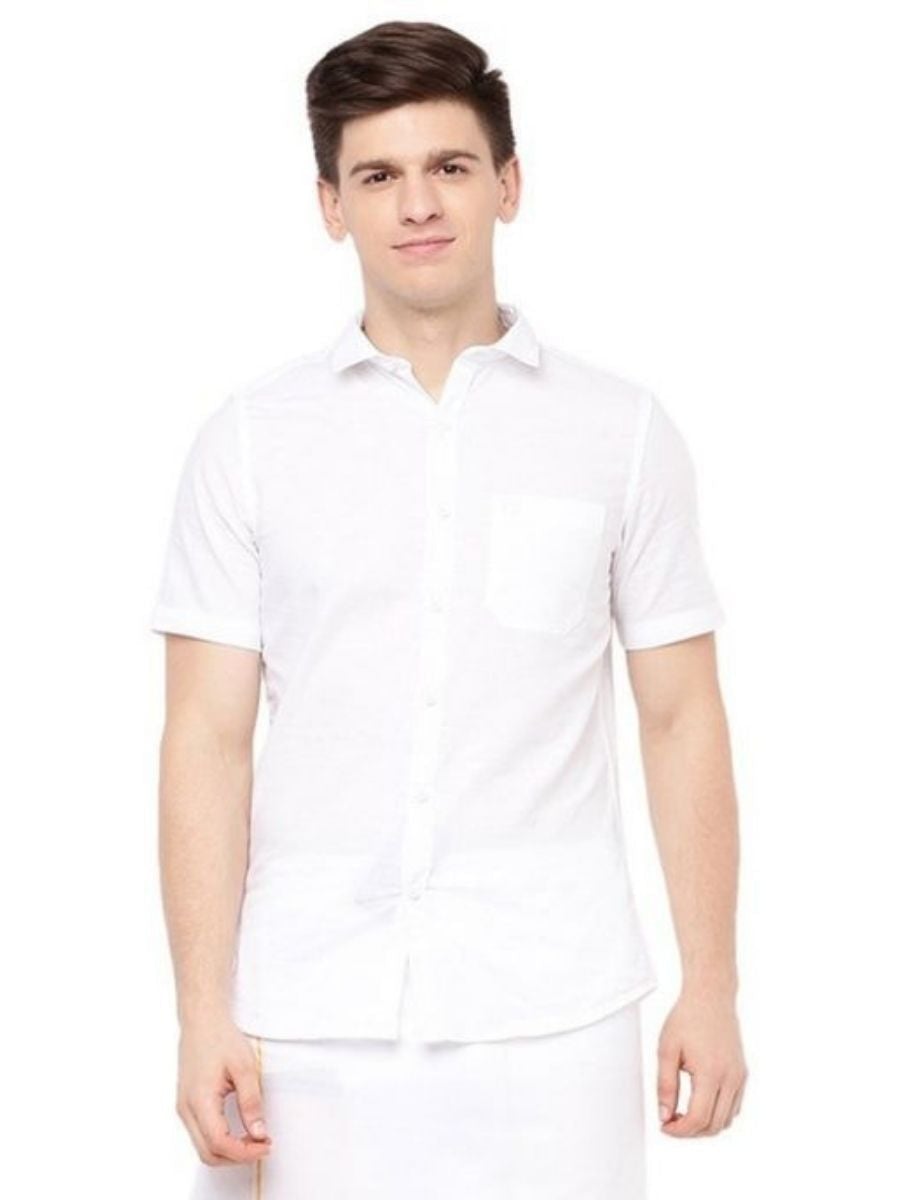 Mens Cotton White Half Sleeves Shirt with Small Border Dhoti Combo-Front view