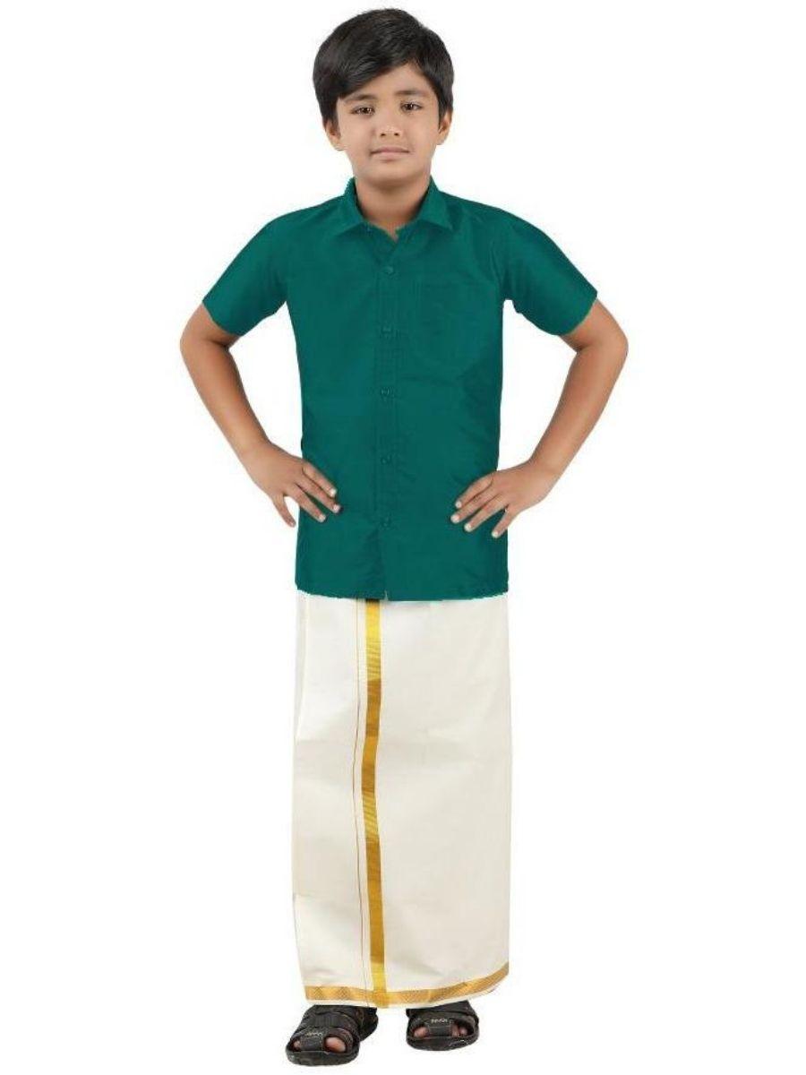 Boys Silk Cotton Shirt with Dhoti Set Light Ramar Green