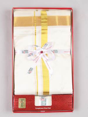 Mens Pure Silk Cream Double Dhoti with 3/4" Gold Jari Border Upasana-Box view one