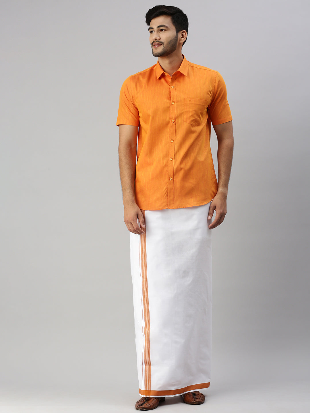 Mens Orange Matching Border Dhoti & Half Sleeves Shirt Set Evolution IC1-Front view
