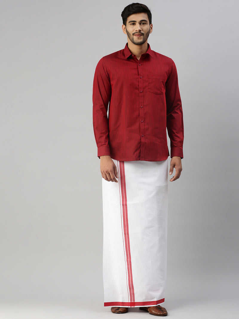 Mens Dark Red Matching Border Dhoti & Full Sleeves Shirt Set Evolution IC9
