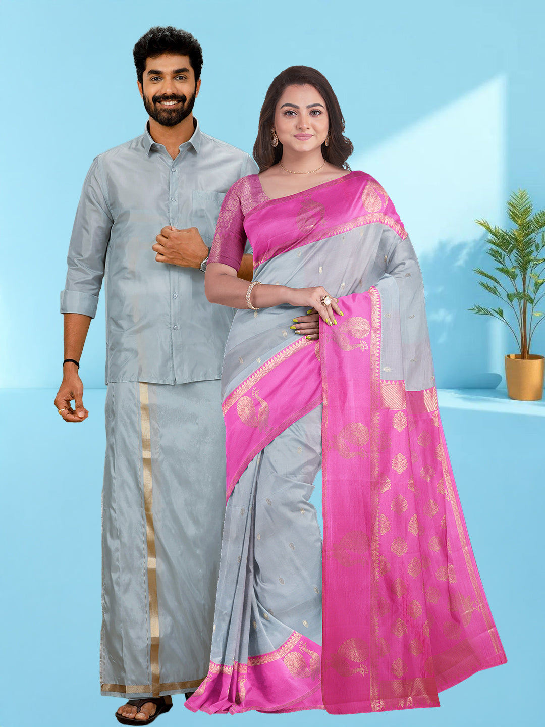 Couple Combo Shirt & Dhoti Set with Saree Silver Grey ASS95