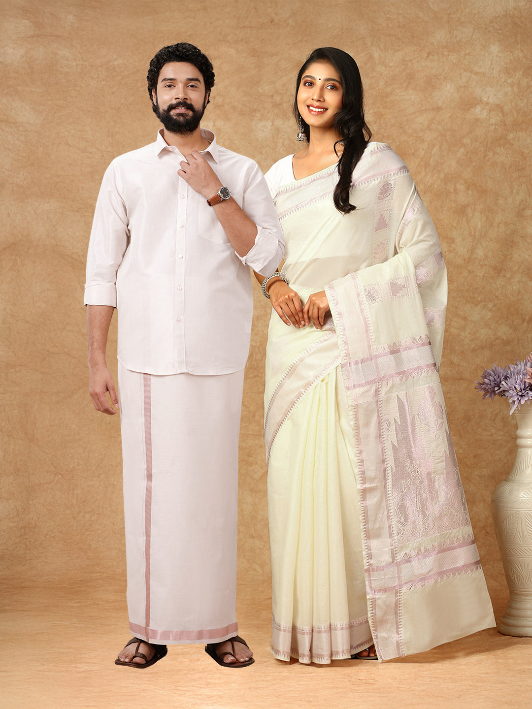 Couple Combo Shirt & Dhoti Set with Saree Rose Gold KS149