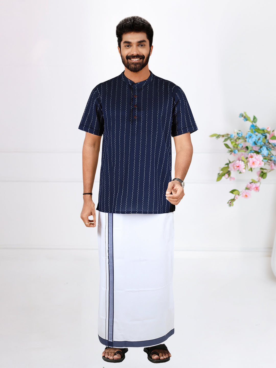 Men Navy Short Length Kurta with Matching Border Dhoti Set PC36