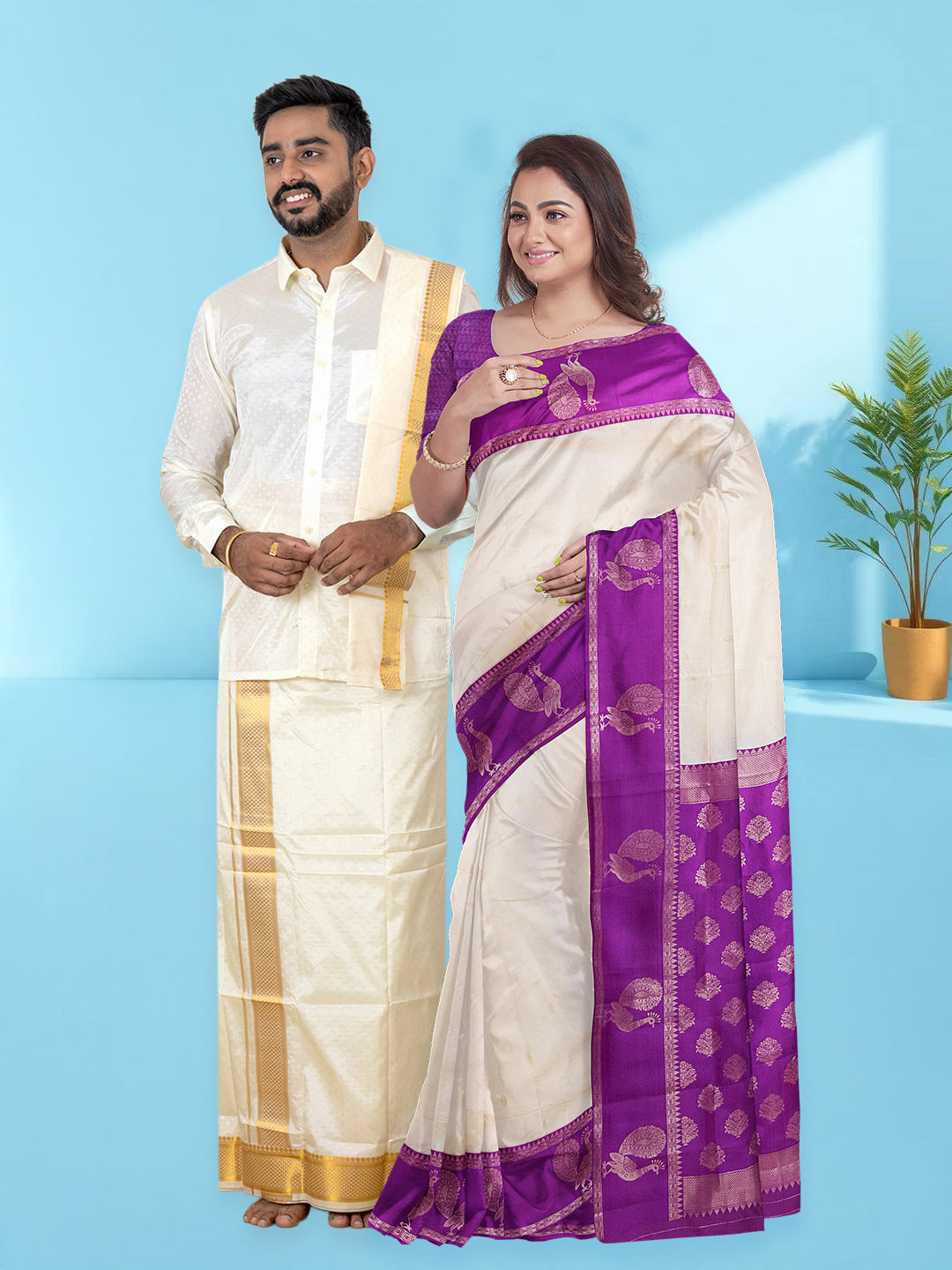 Couple Combo Self Design Shirt & Dhoti Set with Saree Cream ASS99
