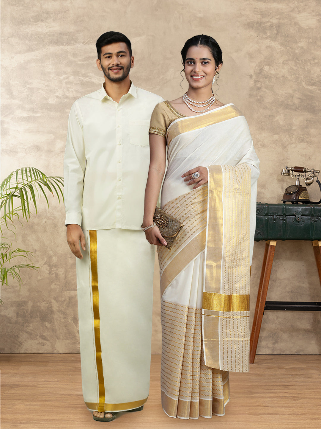 Couple Combo Shirt & Dhoti Set with Saree Cream KS225