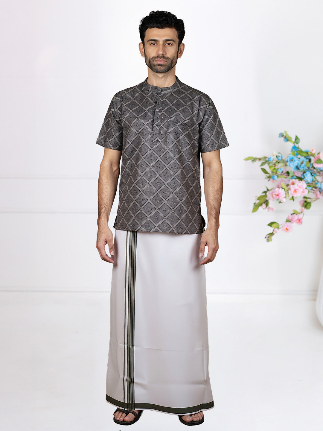 Men Grey Short Length Kurta with Matching Border Dhoti Set RH10