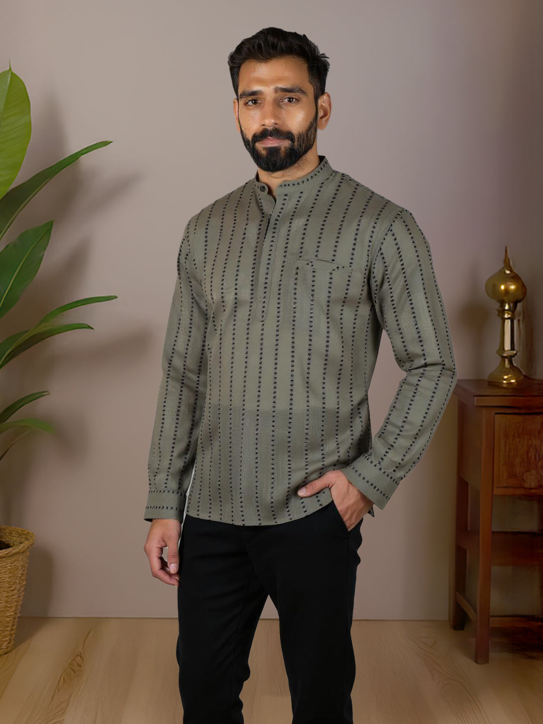 Men Cotton Short Length Self Design Pocket Kurta Beige Grey RJ48