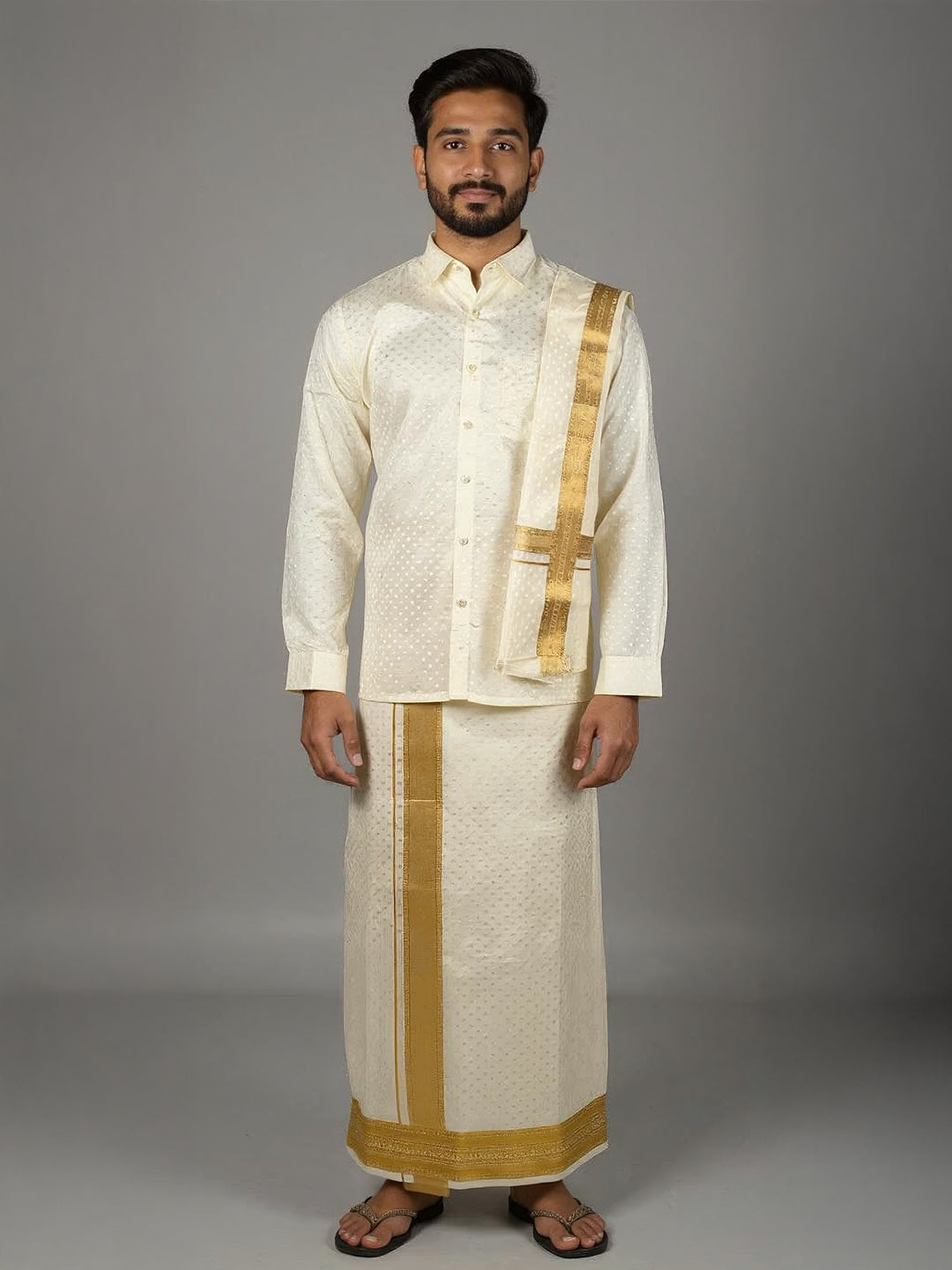Men Art Silk Cream Self Design Shirt & Dhoti Towel Set Parinayam Grand CRJD4