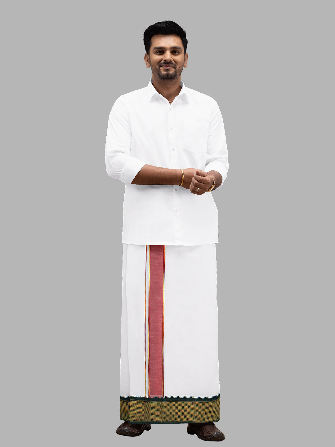 Men Cotton Blend Single Layer White Dhoti with Mayilkhan Border Kalki(4 Way Dhoti)