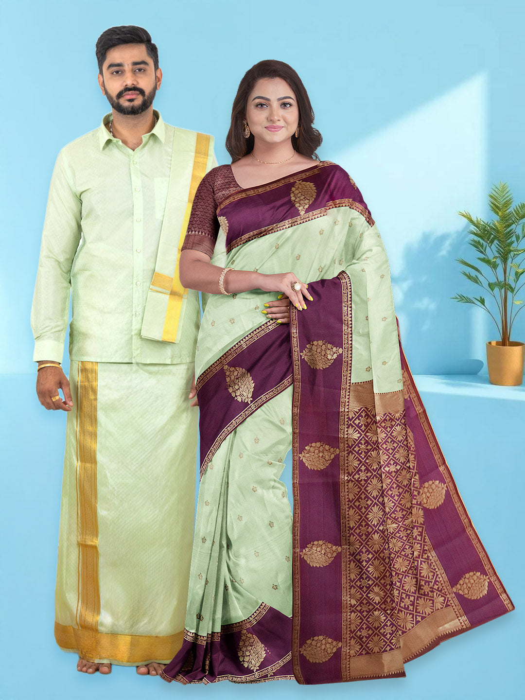 Couple Combo Shirt & Dhoti Set with Saree Green ASS97