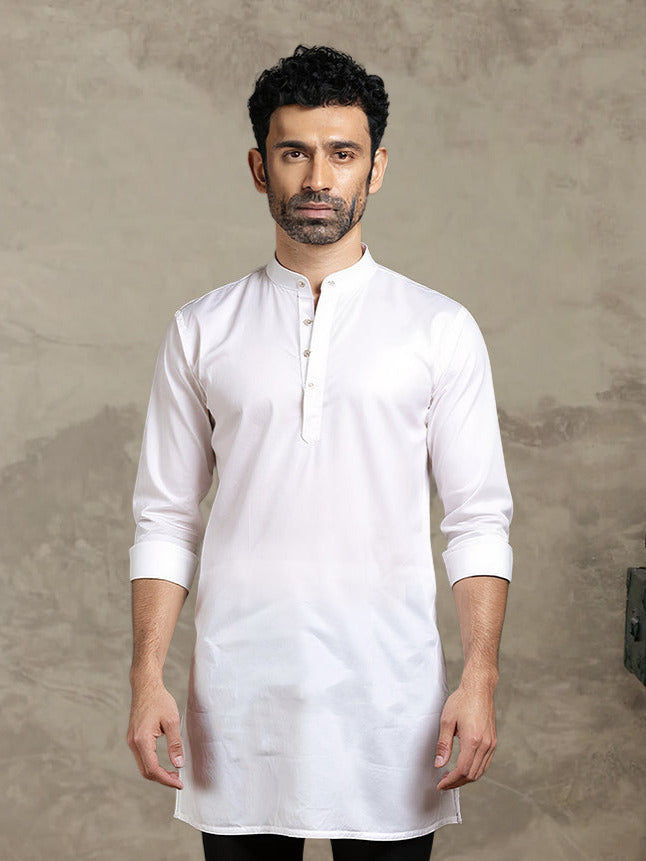 Men Pure Linen Medium Length Kurta White PL M17