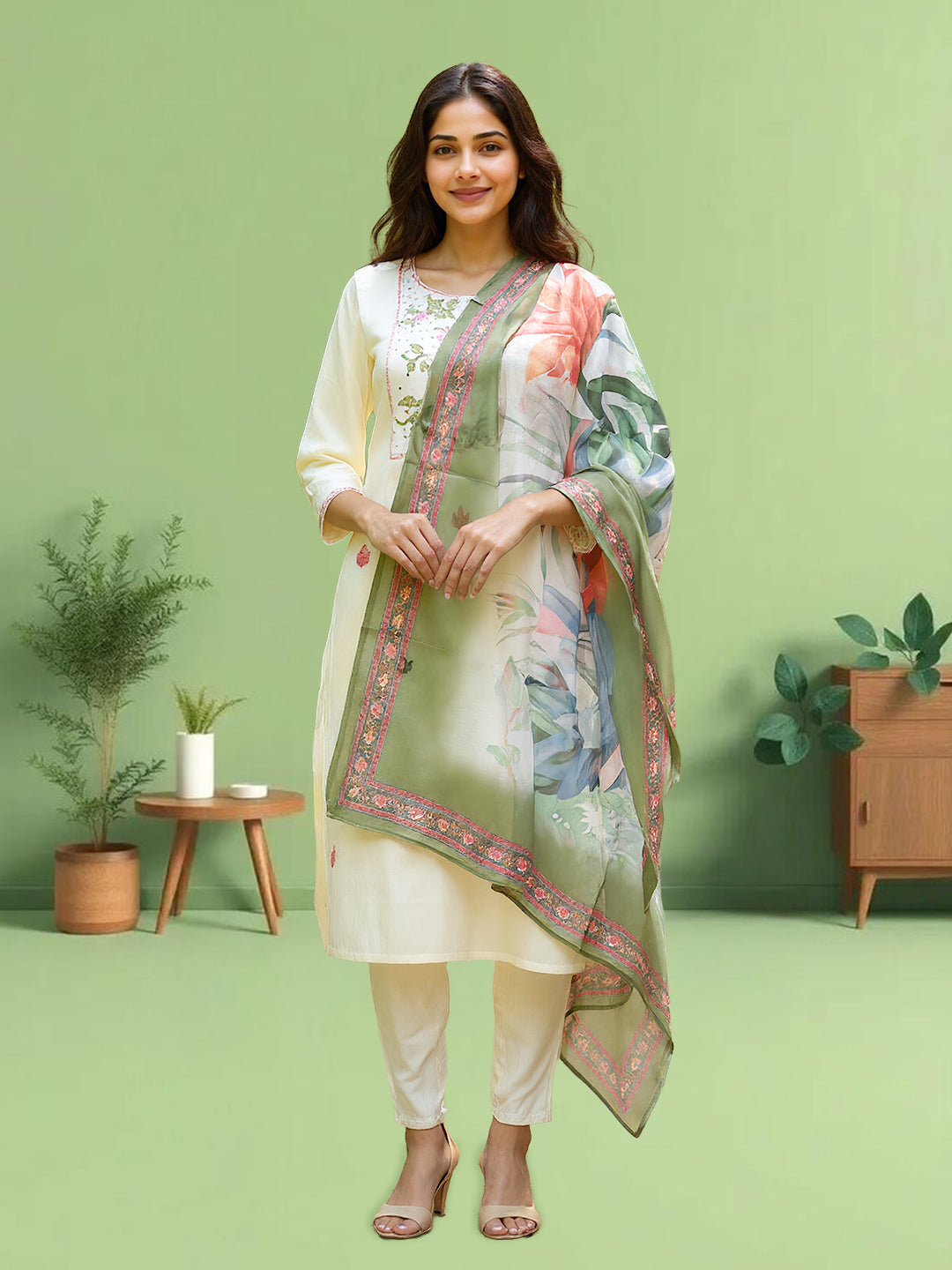 Women Silky Crush Embroidered Kurti Set Cream EKS88