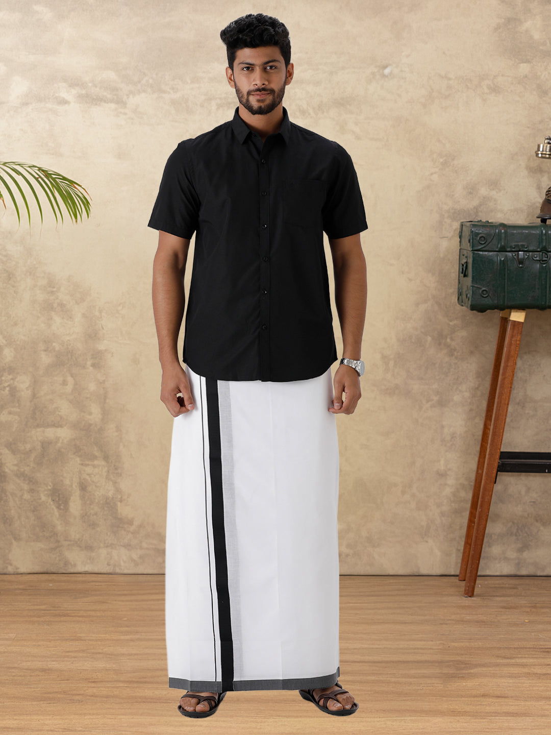Mens Matching Border Dhoti & Shirt Combo Black