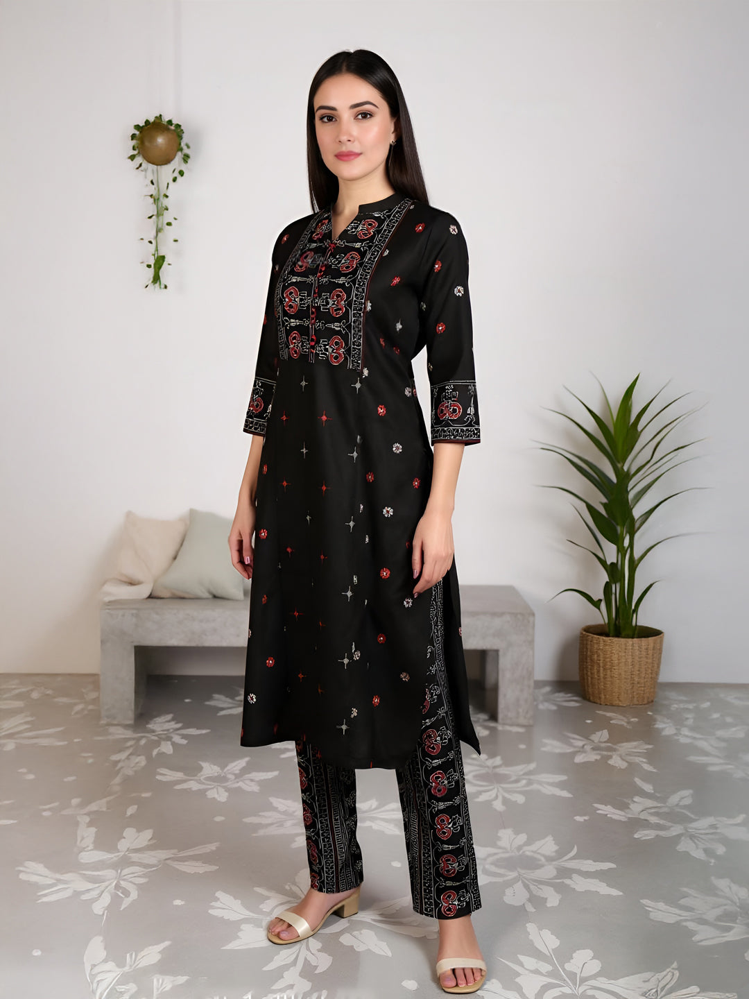 Women Cotton Printed Kurti Set Black EKS50