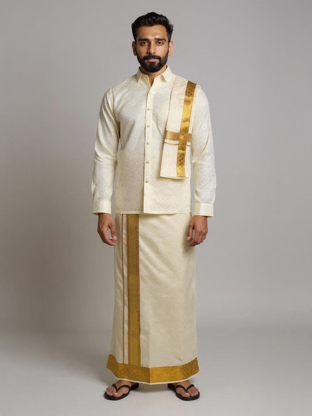 Men Art Silk Cream Self Design Shirt & Dhoti Towel Set Parinayam Grand CRJD2