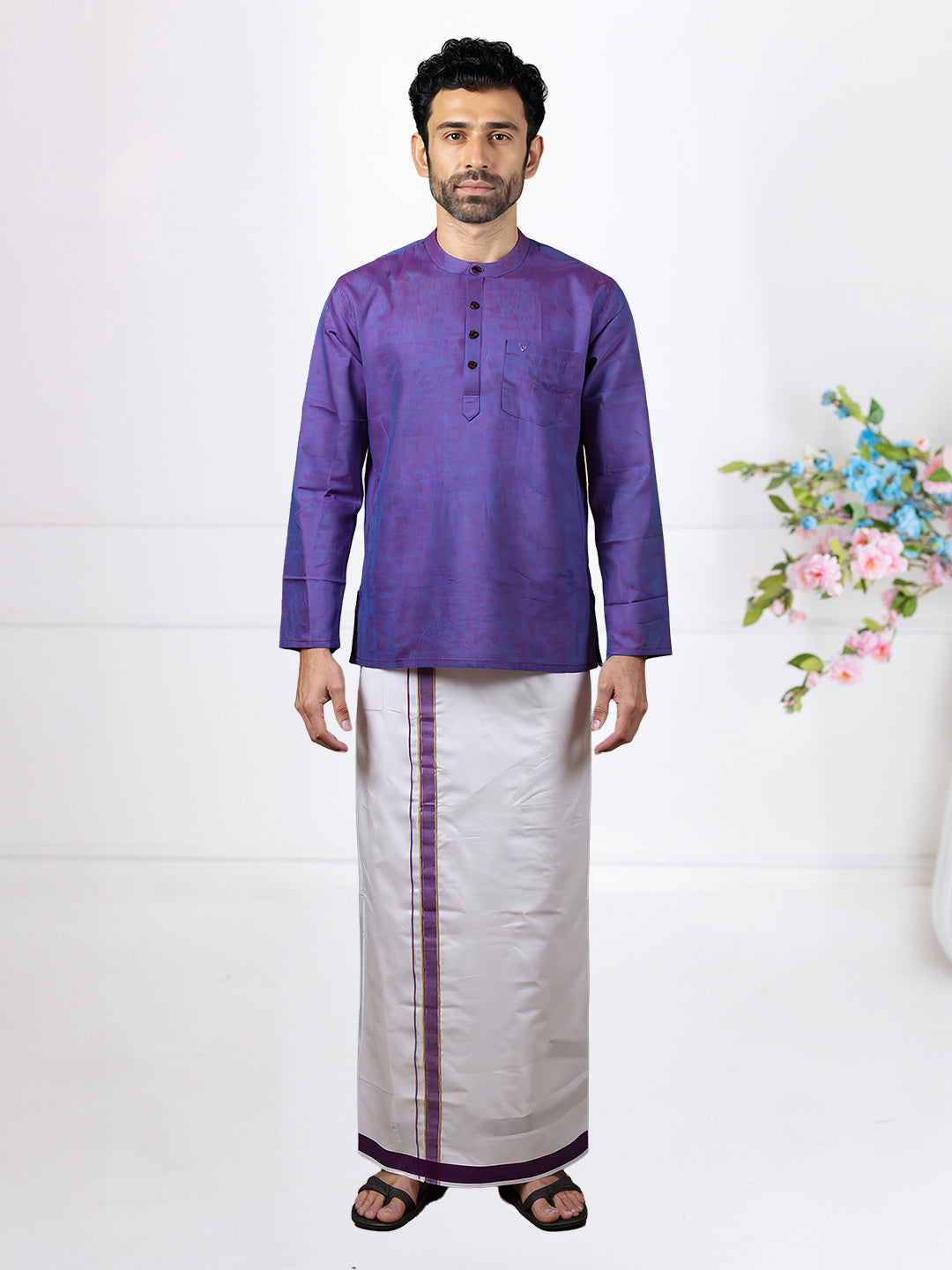 Men Bluish Purple Short Length Kurta with Matching Border Dhoti Set PC17