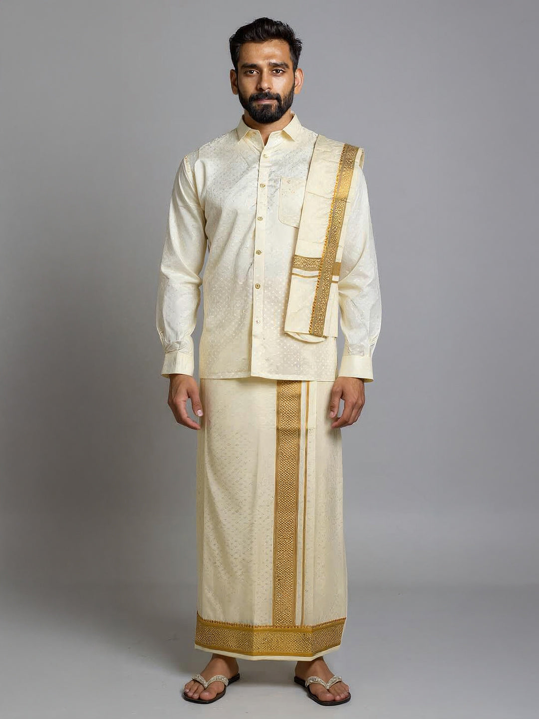 Men Art Silk Cream Self Design Shirt & Dhoti Towel Set Parinayam Grand CRJD1