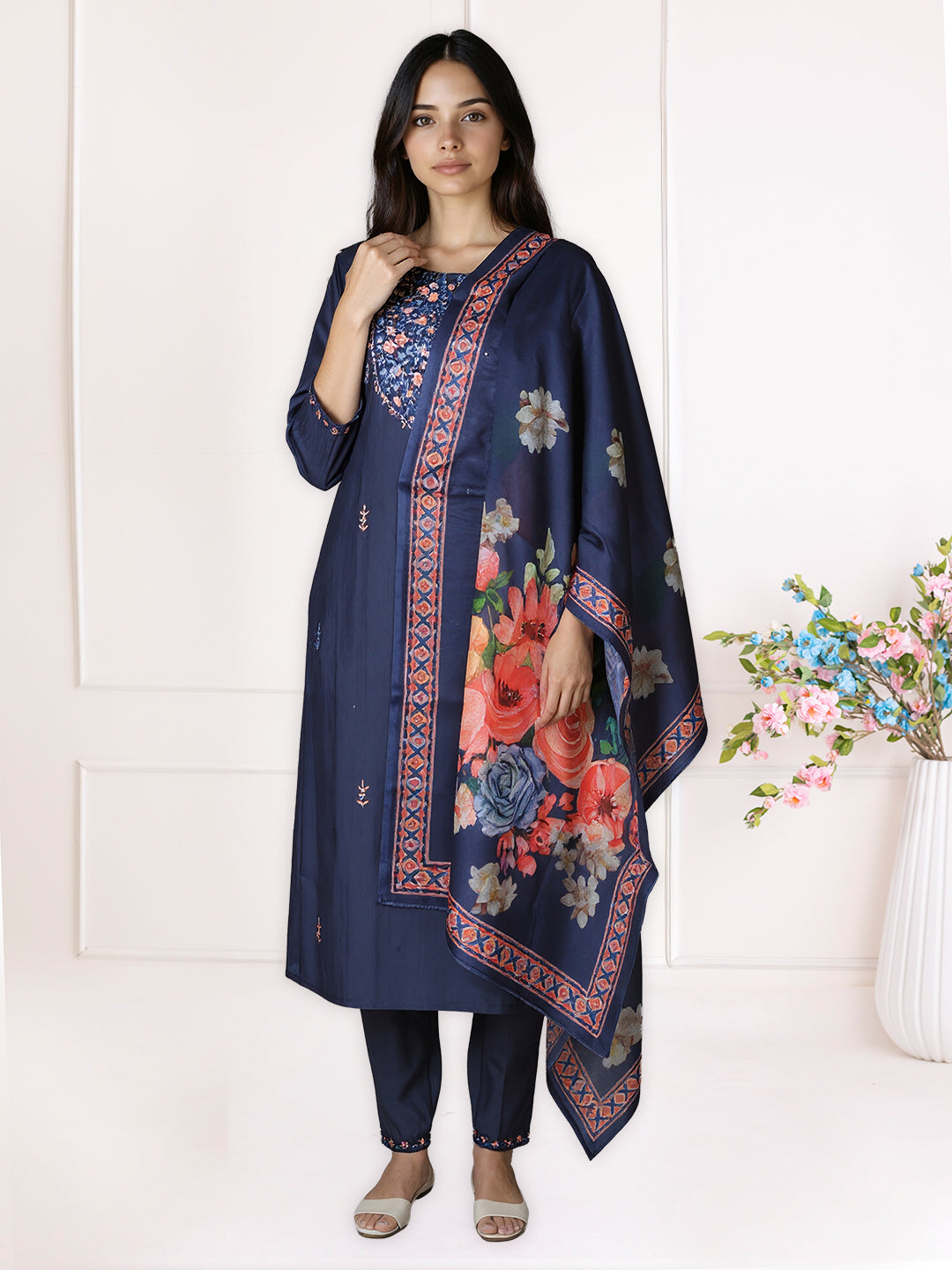Women Silky Crush Embroidered Kurti Set Blue EKS87