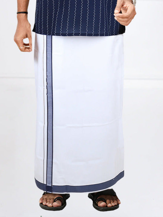 Men Navy Short Length Kurta with Matching Border Dhoti Set PC36