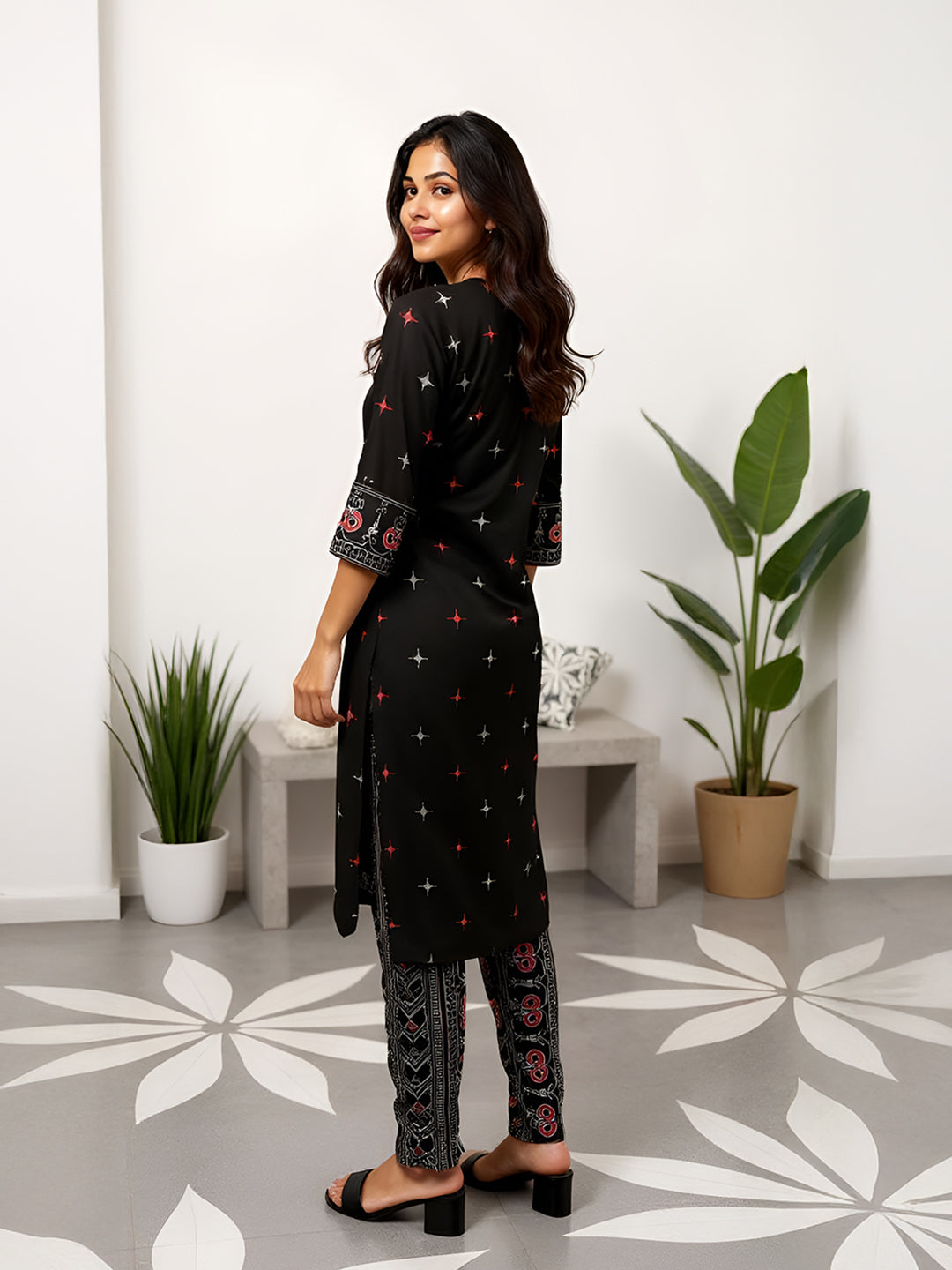 Women Cotton Printed Kurti Set Black EKS50