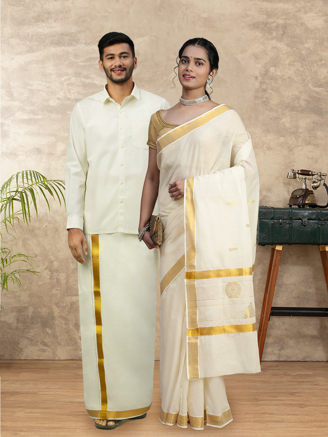 Couple Combo Shirt & Dhoti Set with Saree Cream KS236