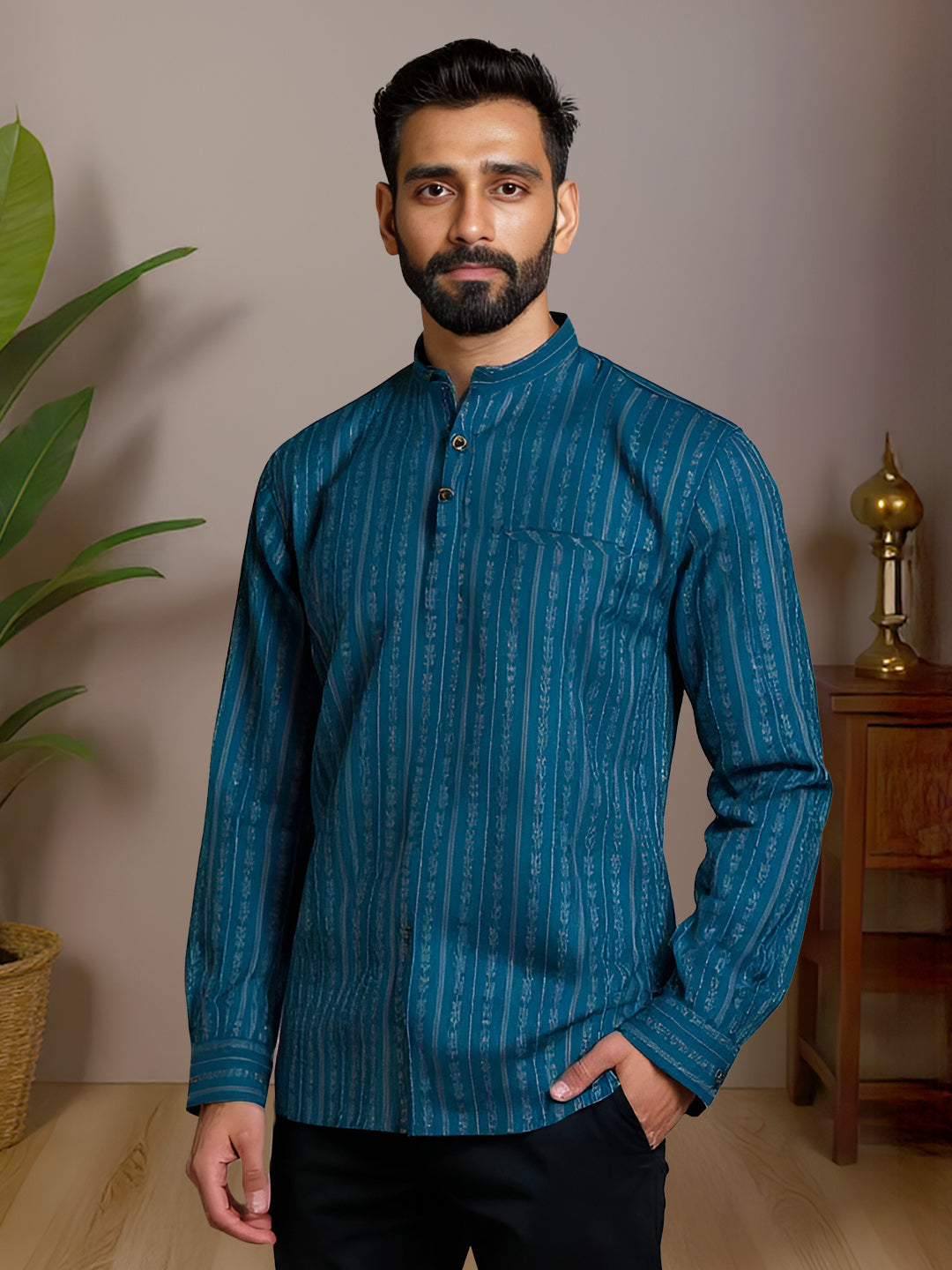 Men Cotton Short Length Self Design Pocket Kurta Peacock Blue RJ47