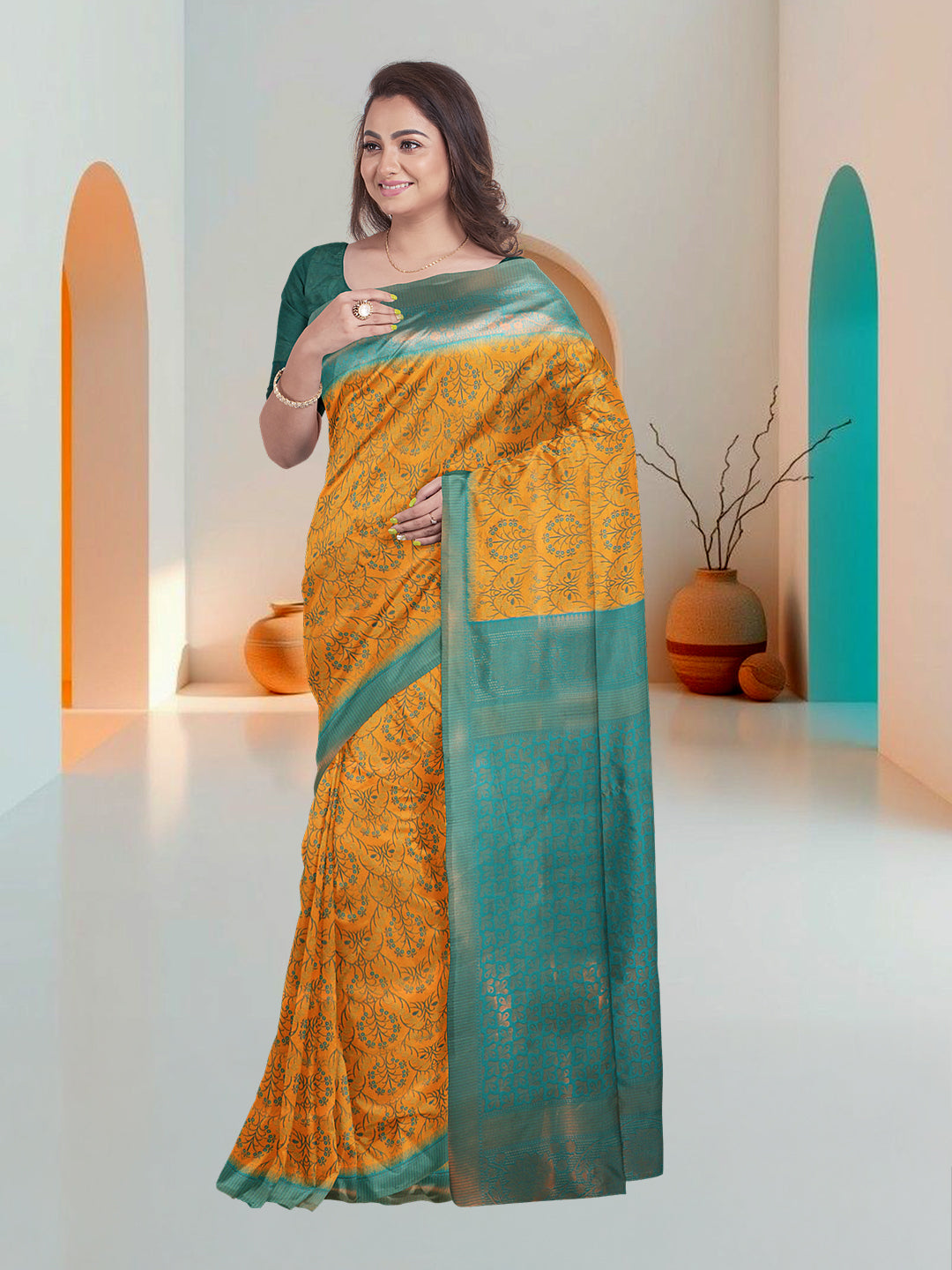 Women Yellow Art Silk Printed Saree ASS61
