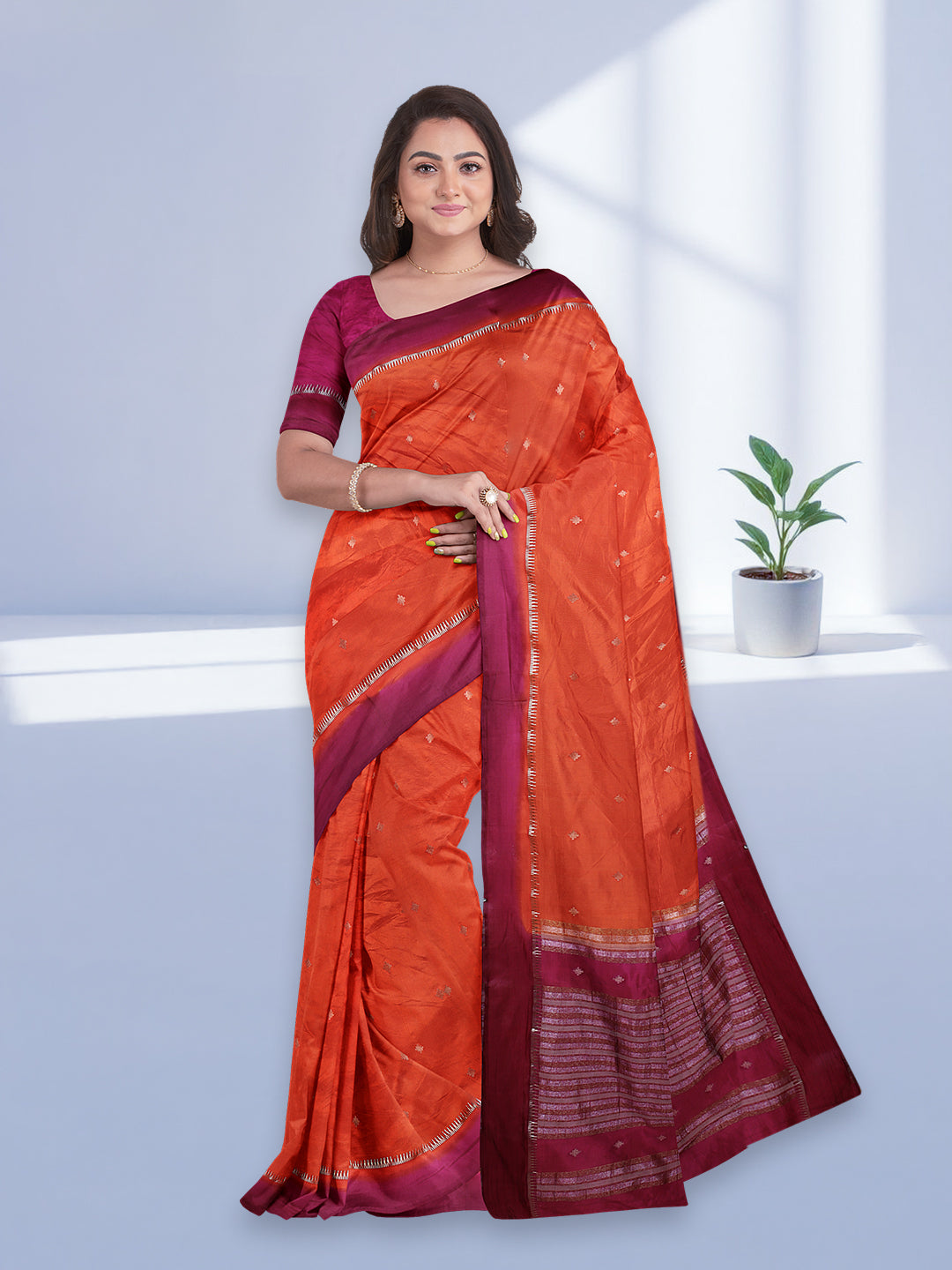 Women Orange Stripes Design Tissue Saree TS51