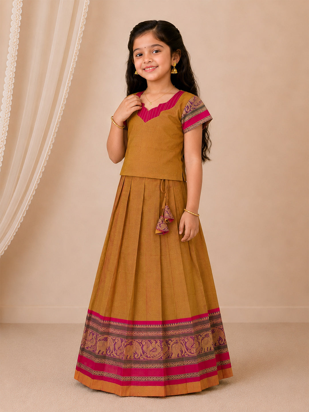 Girls Cotton Mustard with Pink Pattu Pavadai Set GPS59