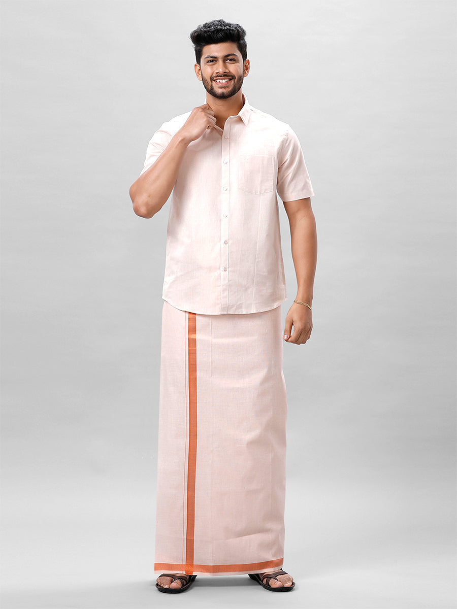 Mens Copper Tissue Half Sleeve Shirt with Matching Readymade Single Dhoti Combo