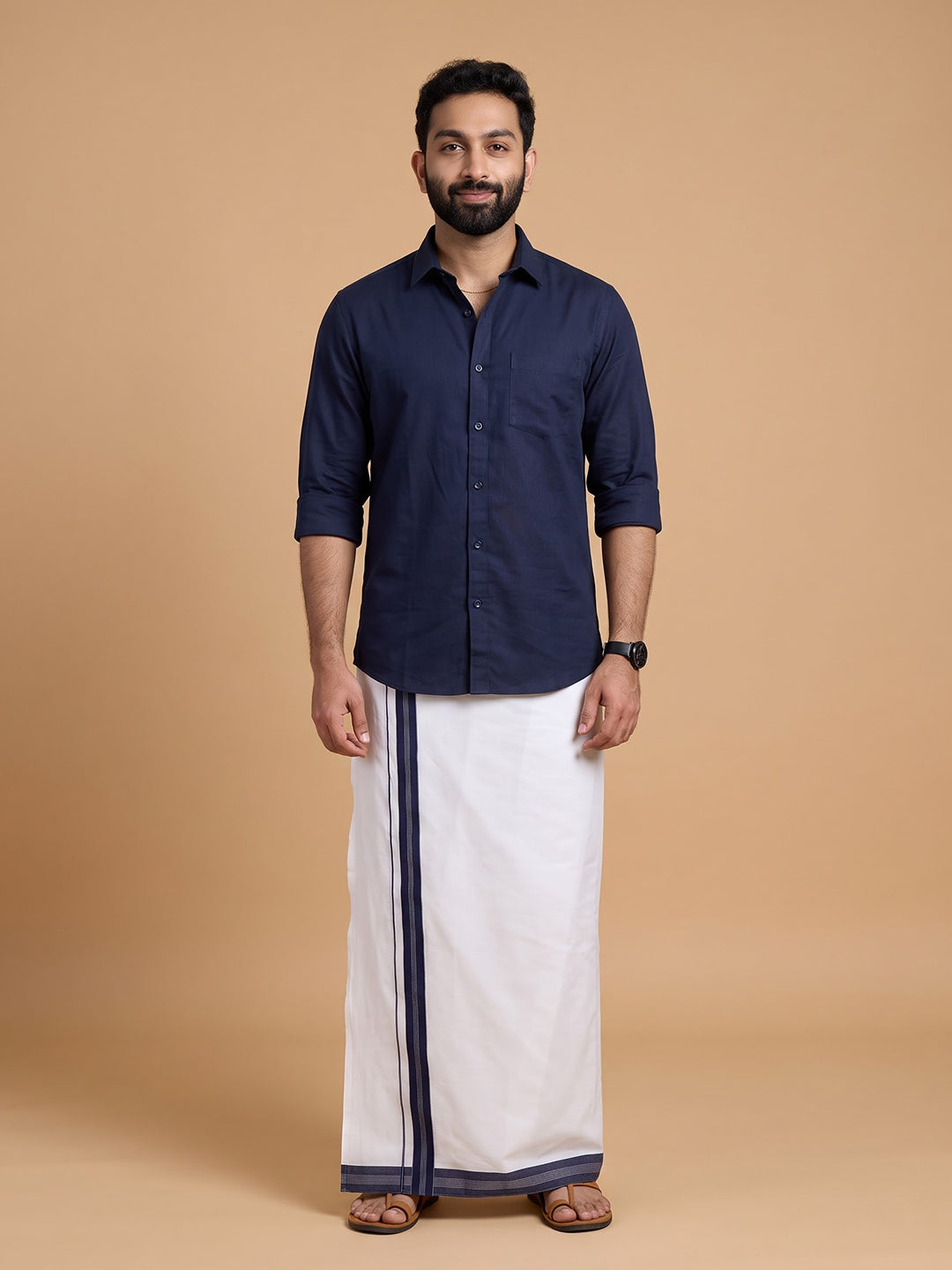 Double Layer 100% Cotton White Dhoti with Fancy Jari Border - EJF24
