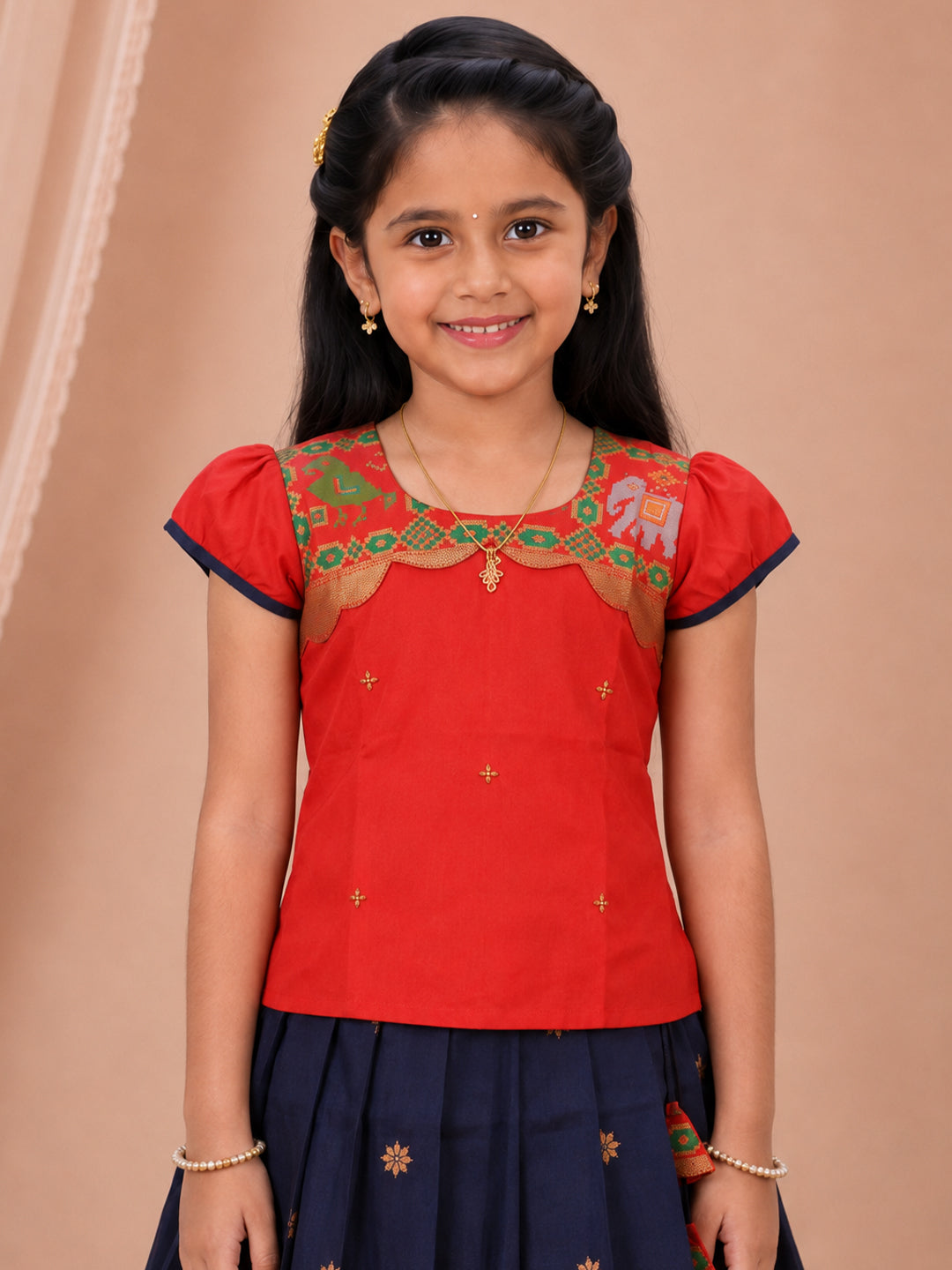 Girls Art Silk Red with Navy Pattu Pavadai Set GPS64