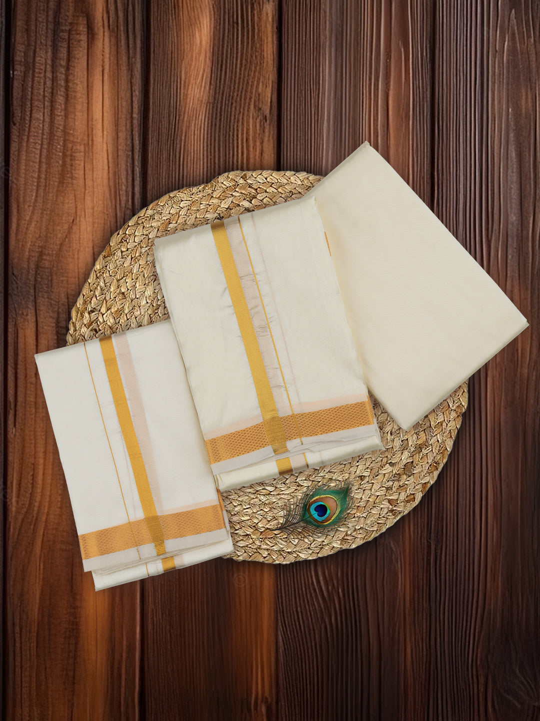 Mens Wedding Cream Jari Dhoti Shirting & Towel Set Subamangalam 50k