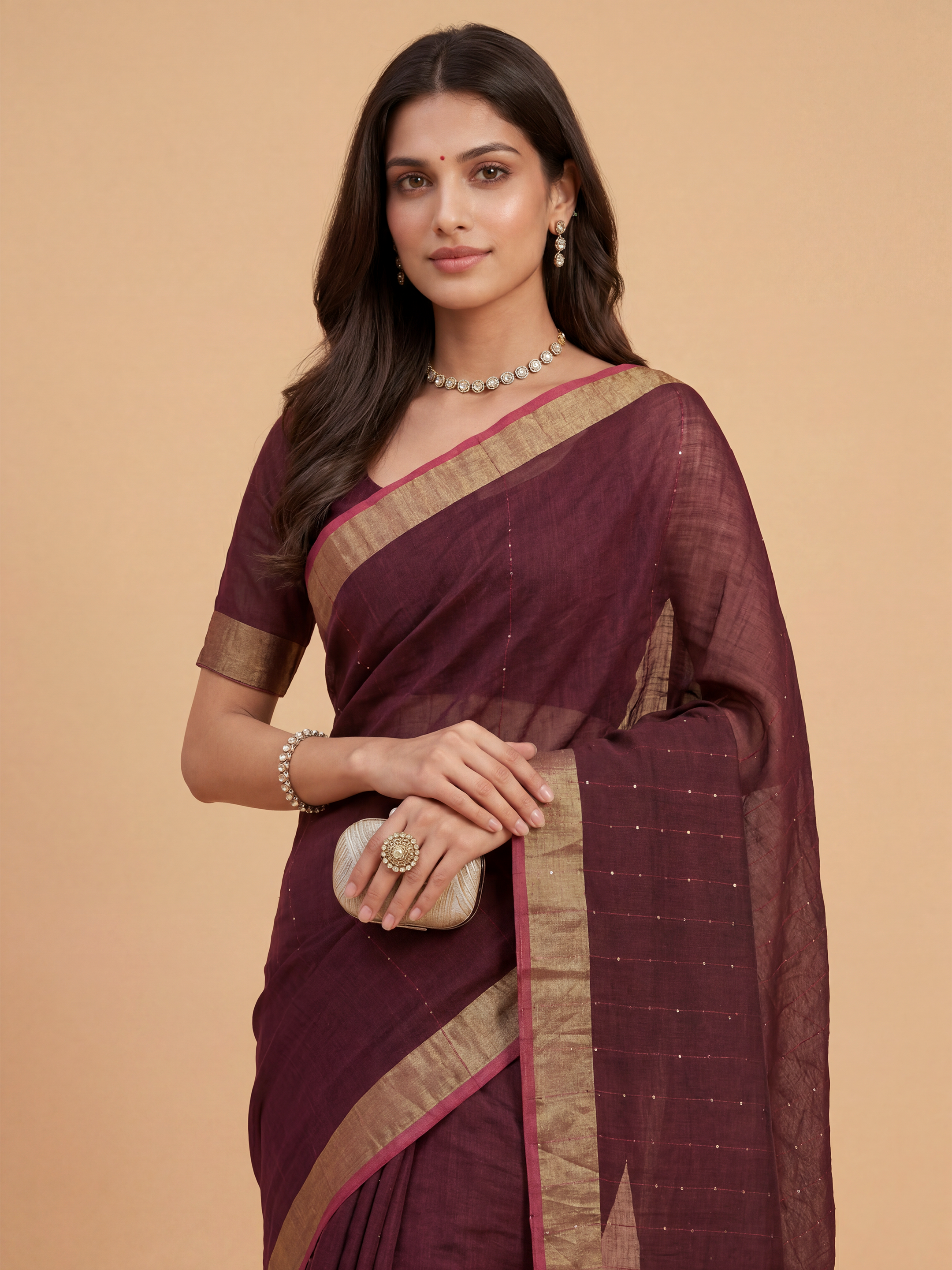 Women Semi Linen Dark Violet Saree SL253