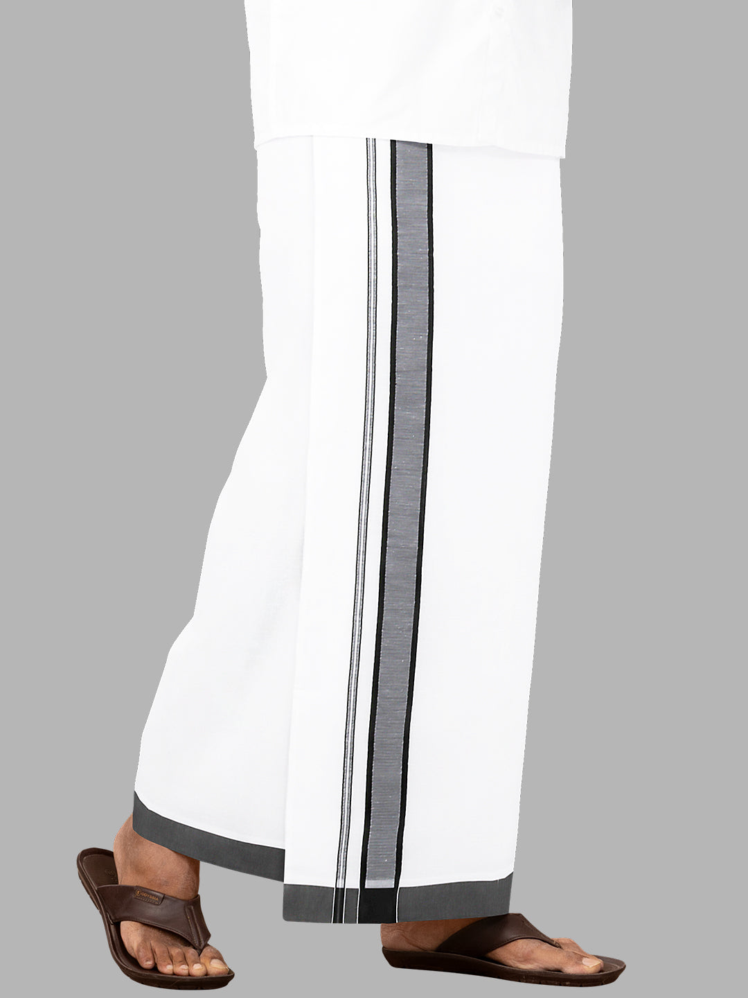 Men Black Border Double Layer White Dhoti Redfort Plain