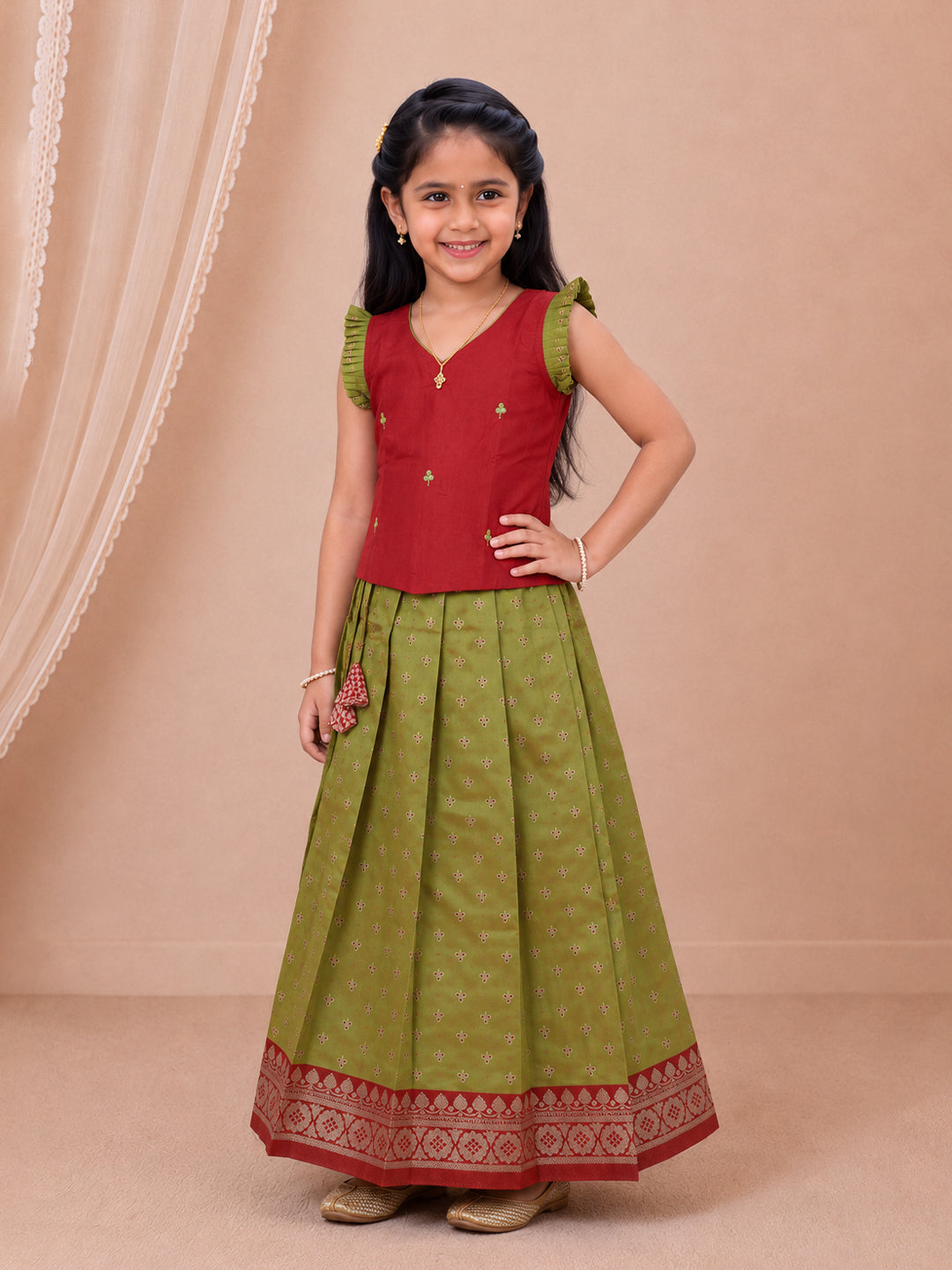 Girls Art Silk Maroon with Green Pattu Pavadai Set GPS65