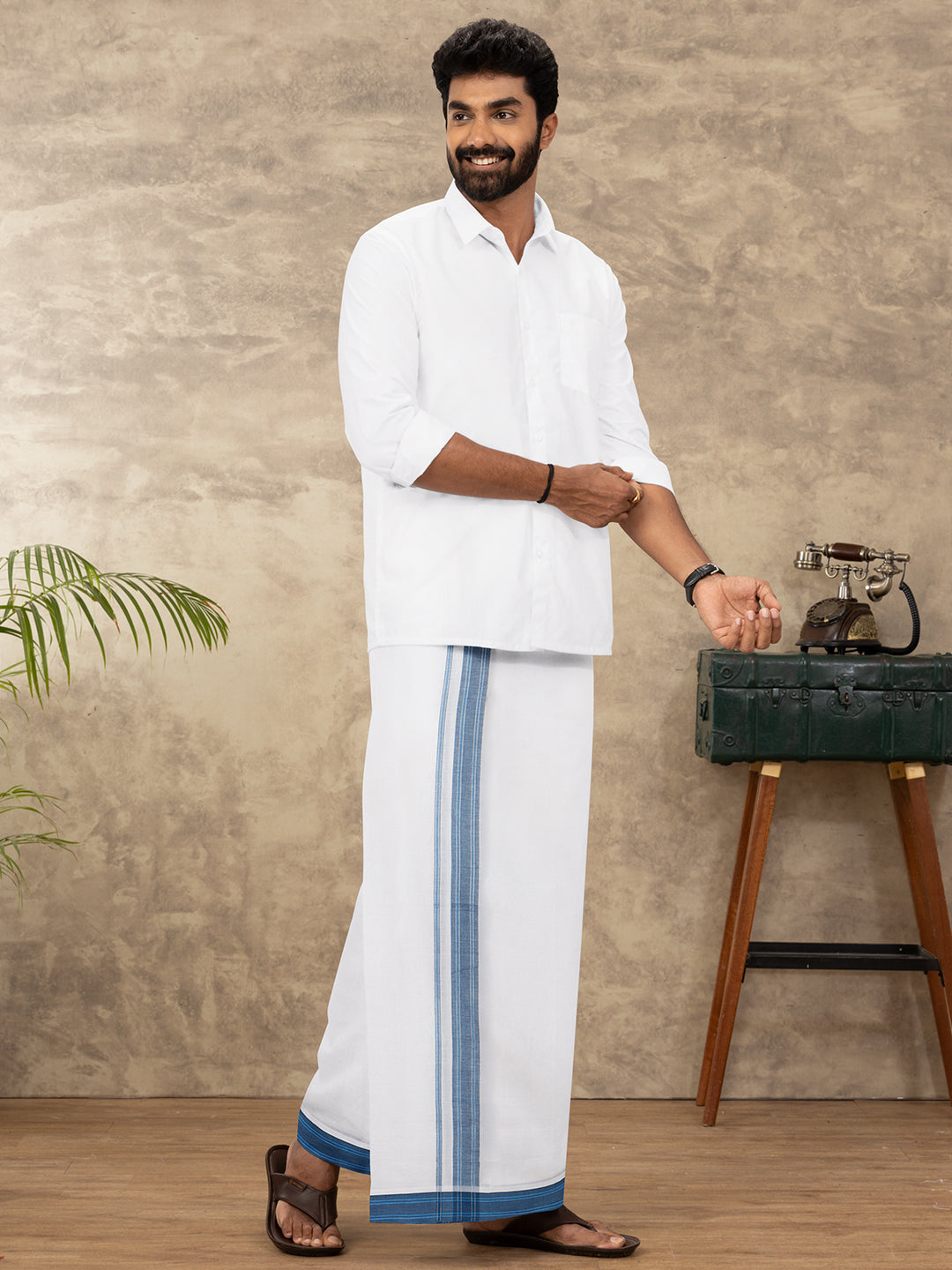Men 100% Cotton Double Layer White Dhoti with Fancy Jari Border EJF21