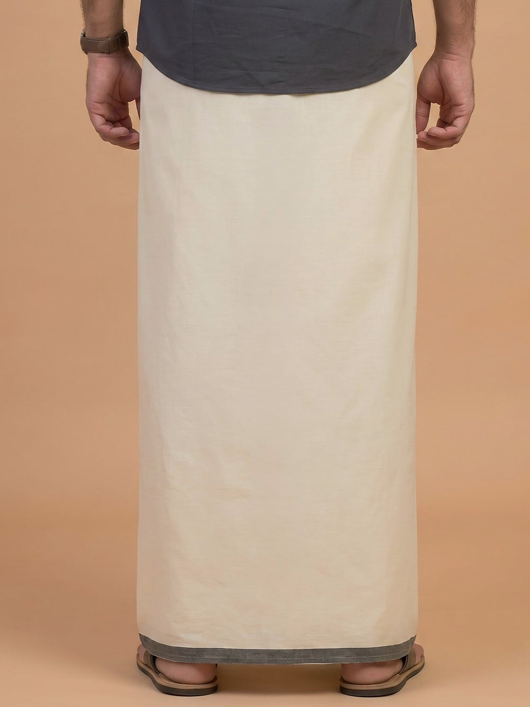 Double Layer 100% Cotton Cream Kora Dhoti with Colour Jari Border - KJ03
