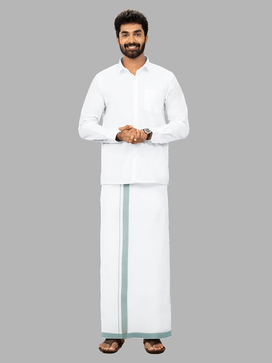 Men LightBlue Border Single Layer Adjustable Pocket Dhoti GACS5