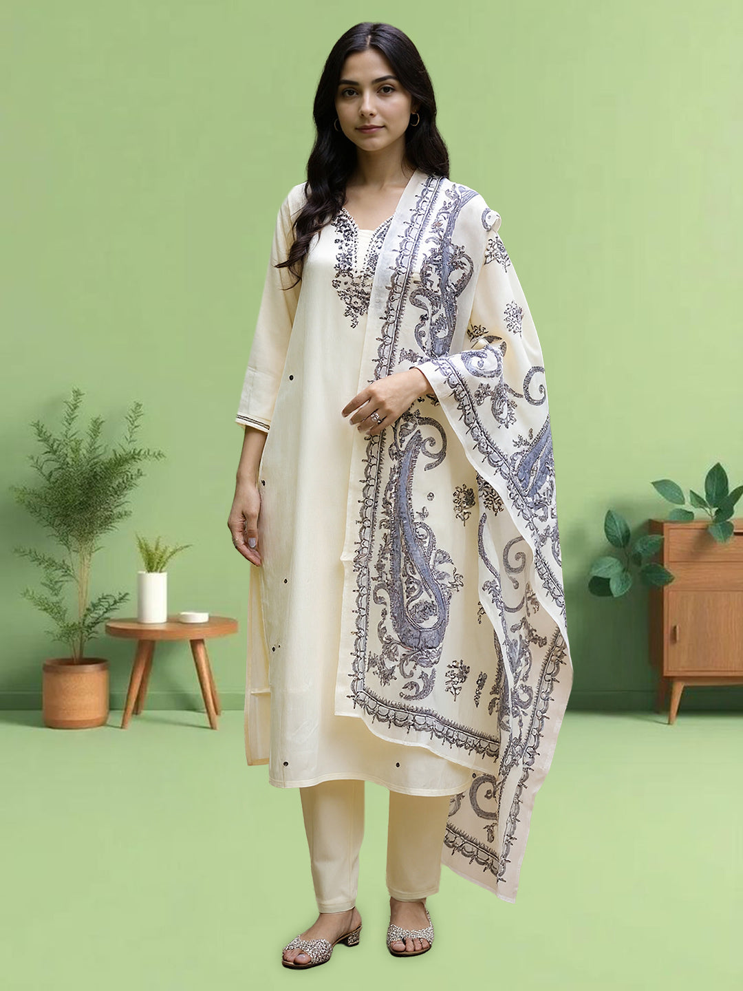 Women Silky Crush Embroidered Kurti Set Off White EKS91